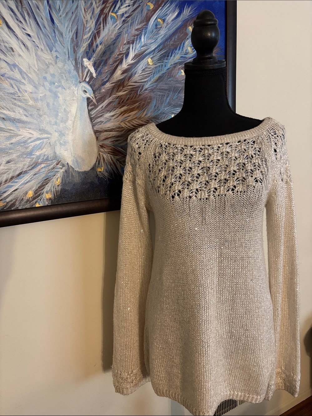 White House Black Market Off White Cream Sequin Sparkle Holiday Sweater S